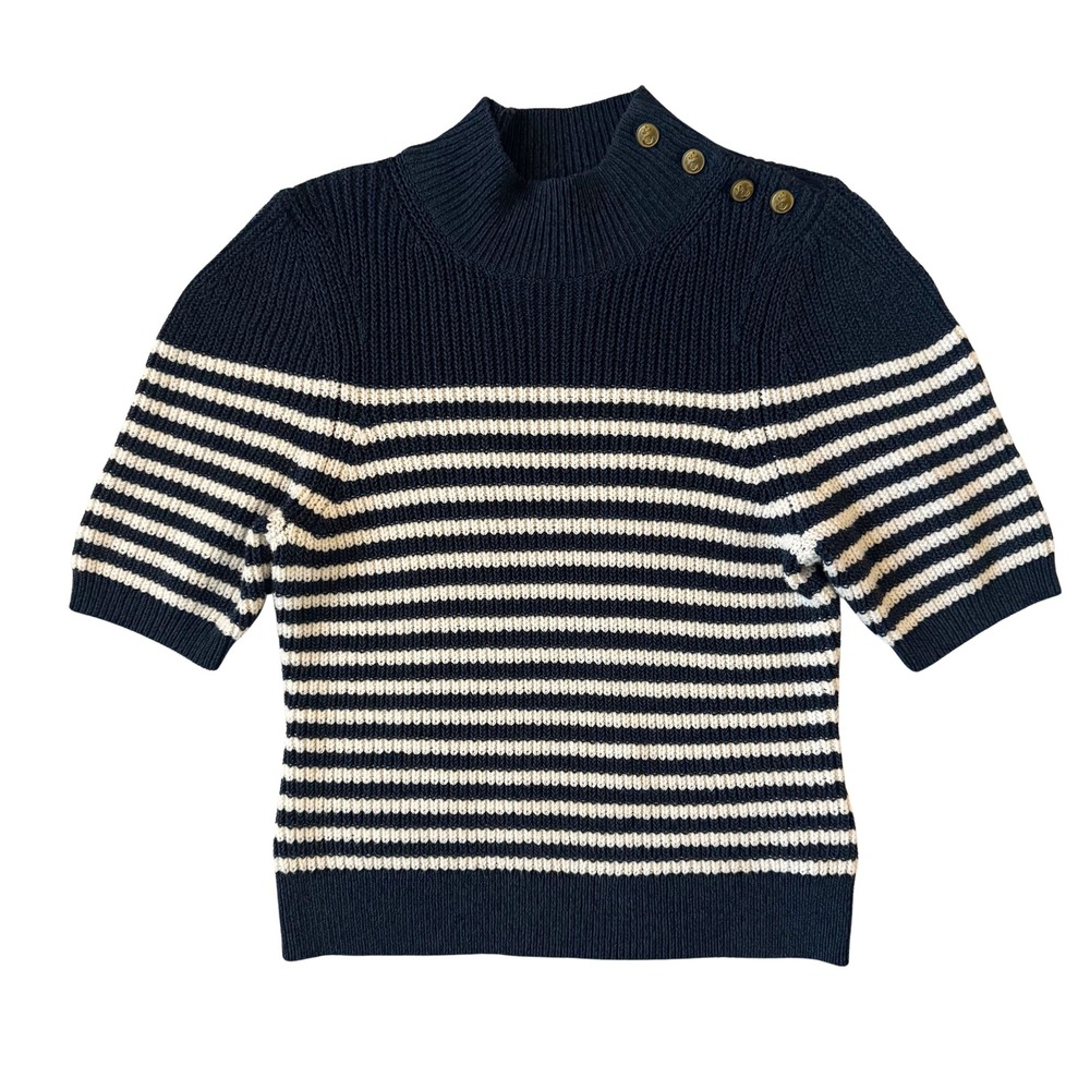 Maeve Anthropologie Striped Nautical Mock Neck Button Shoulder Sweater XS Preppy